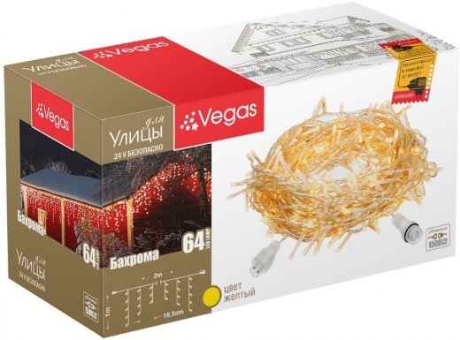 VEGAS   24V Электрогирлянда-конструктор "Бахрома" 64 желтых LED ламп, 12 нитей прозрачный провод, 2*1 м /32/4 55016 — 