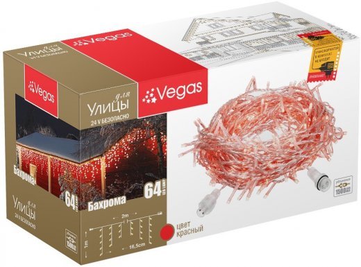 VEGAS   24V Электрогирлянда-конструктор "Бахрома" 64 красных LED ламп, 12 нитей, прозрачный провод, 2*1 м /32/4 55015 — 