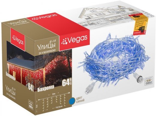 VEGAS   24V Электрогирлянда-конструктор "Бахрома" 64 синих LED ламп, 12 нитей, прозрачный провод, 2*1 м /32/4 55014 — 