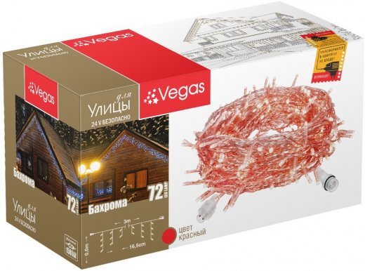 VEGAS   24V Электрогирлянда-конструктор "Бахрома" 72 красных LED ламп, 18 нитей, прозрачный провод, 3*0,6 м /60/4 55009 — 