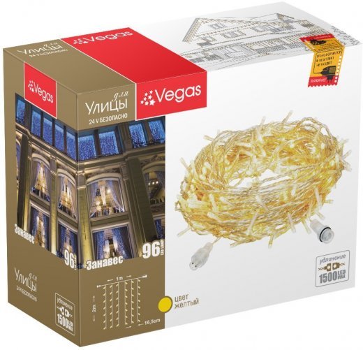 VEGAS   24V Электрогирлянда-конструктор "Занавес" 96 желтых LED ламп, 6 нитей, прозрачный провод, 1*2 м /32/4 55022 — 